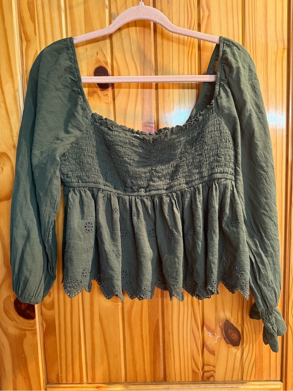 American Eagle Outfitters Olive Green Smocked Peasant Top